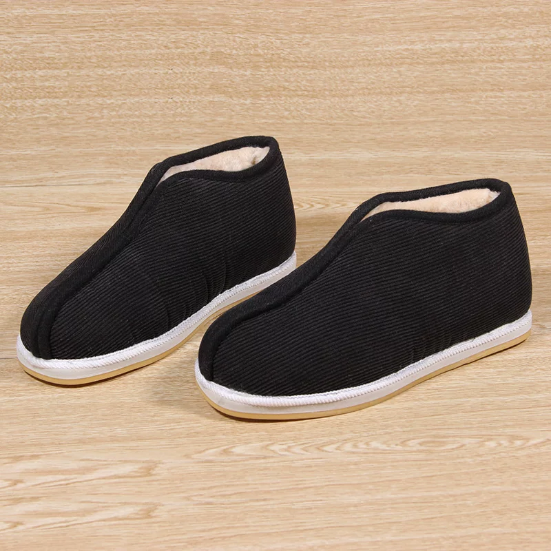 Men Shoes Online - 冬用北京布製スリッパ – 暖かいフリース裏地付き黒スリッポン、高齢者と大人向けの滑り止め室内履きシューズ