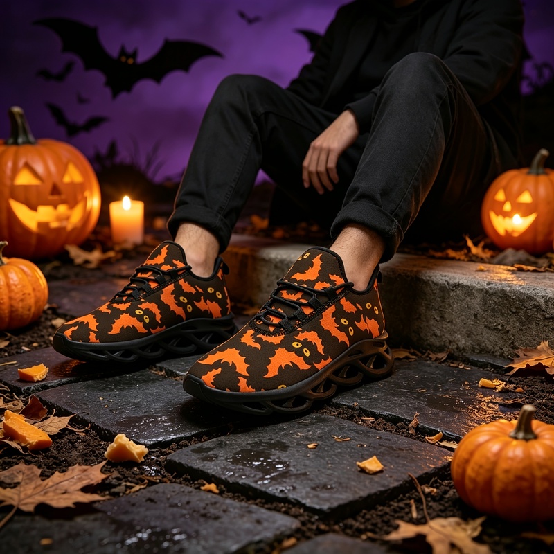 Men'S Shoes Limited Edition - レディース メンズ ハロウィン限定版 黒とオレンジのコウモリ柄のトレンディなシューズ ロートップのレースアップデザイン、軽量で通気性があり、とても快適です。