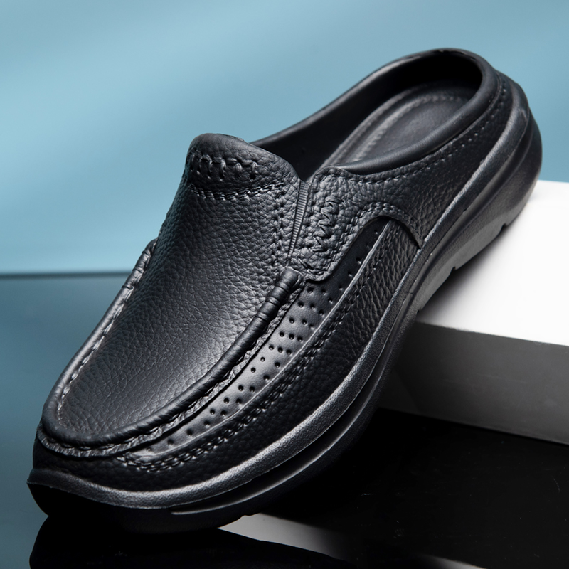 Men Shoes Type - 夏用スリッパ、ガーデンサンダル、防水・滑り止め加工のシェフシューズ、軽量、大きいサイズ、快適な黒革靴、アウトドアサンダル