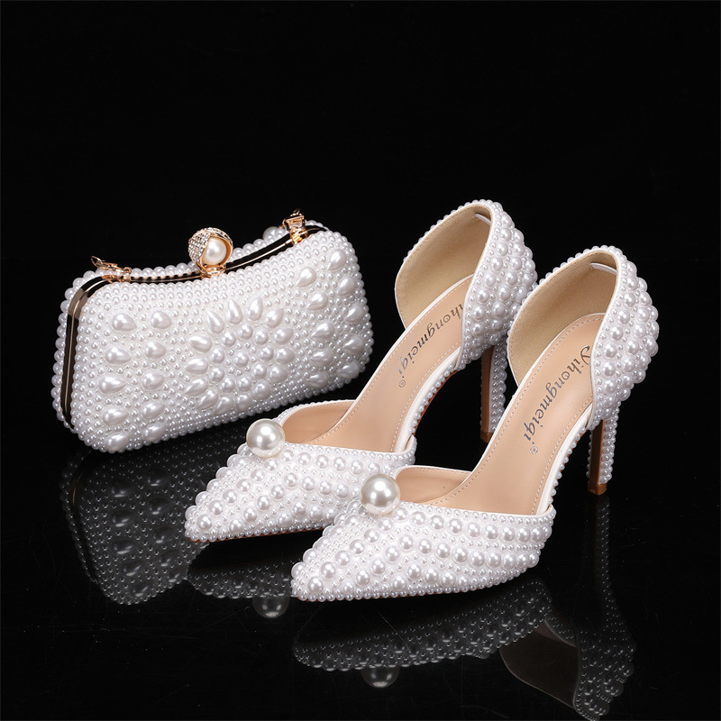 Men Shoes Elegant - 女性用バッグと靴のセット パールウェディングシューズ ホワイトベージュ ハイヒール エレガントラグジュアリーデザイナーパーティーシューズ 2025