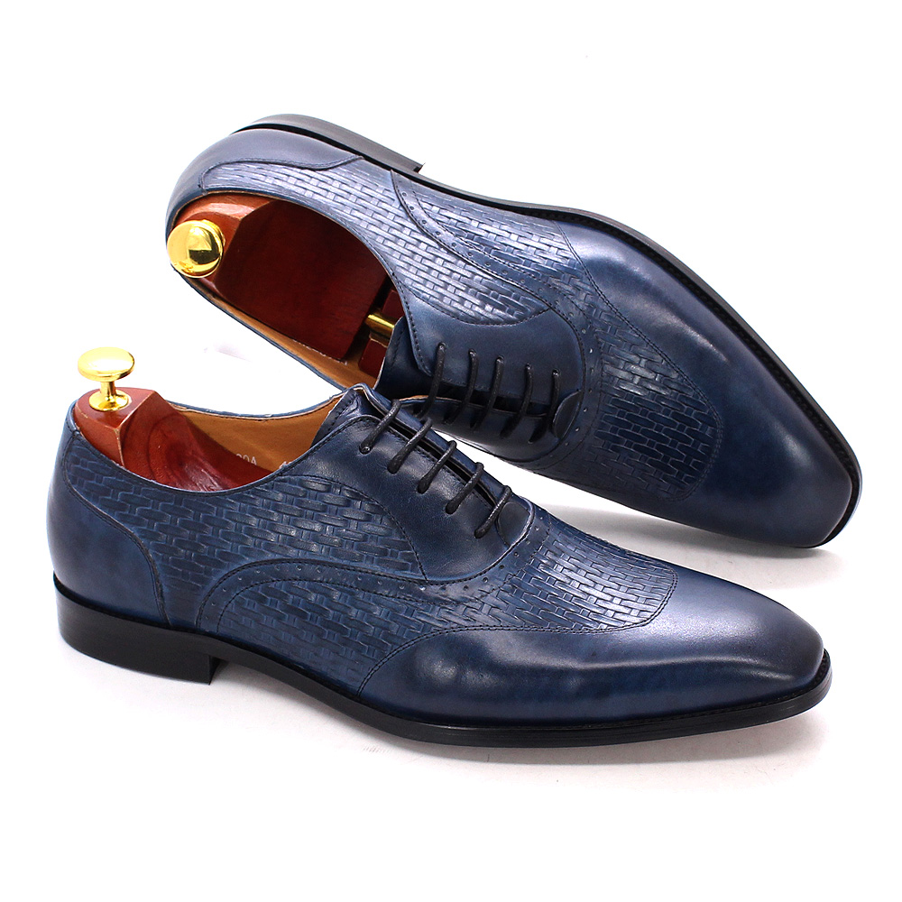 Men Shoes Elegant - 男性用の本革オックスフォードシューズ,高品質のビジネスシューズ,先のとがったつま先,レース付き,黒と青