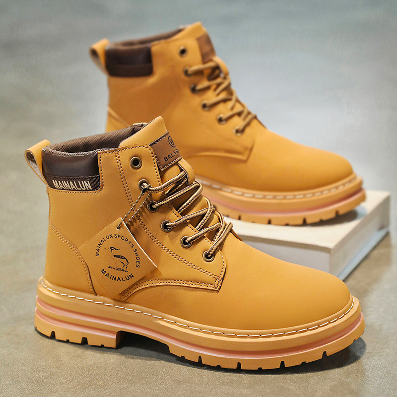 クラシックメンズハイカットブーツ高品質イエローレザーブーツフ - Men Shoes Type のレビューと価格
