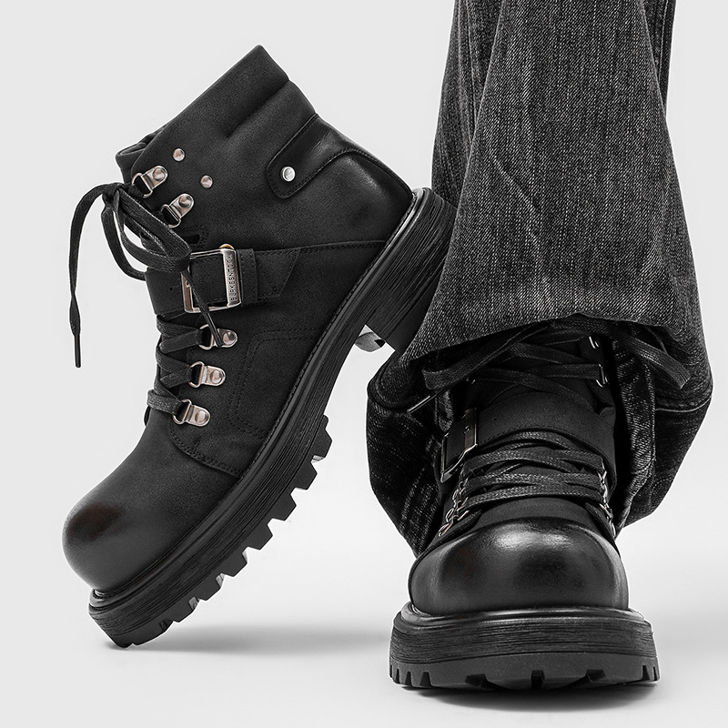 ブランド男性革ブーツオートバイ雪カウボーイフラットプラットフ - Men Shoes Type のレビューと価格