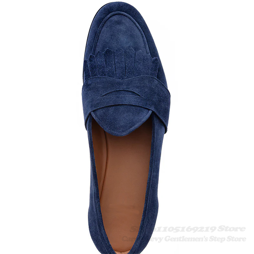 ネイビーブルーのスエードローファー男性ラウンドトゥレザーフリ - Men Shoes Elegant のレビューと価格