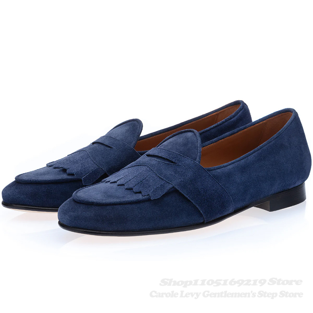 ネイビーブルーのスエードローファー男性ラウンドトゥレザーフリ - Men Shoes Elegant のレビューと価格