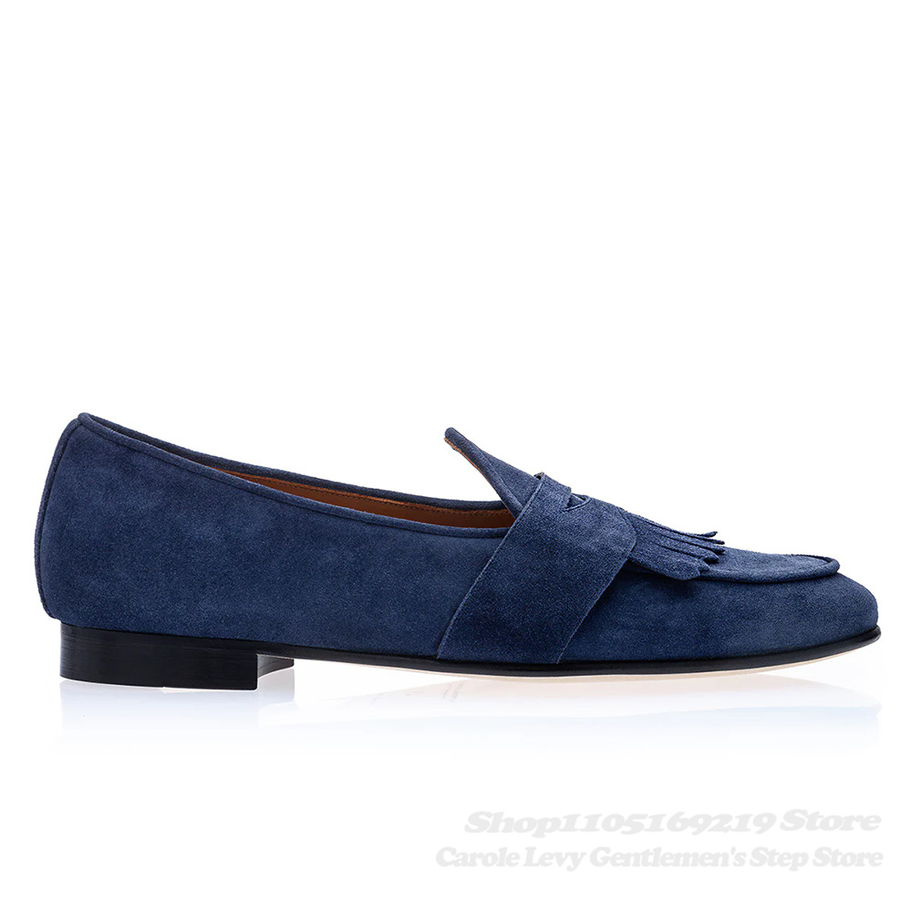 ネイビーブルーのスエードローファー男性ラウンドトゥレザーフリ - Men Shoes Elegant のレビューと価格